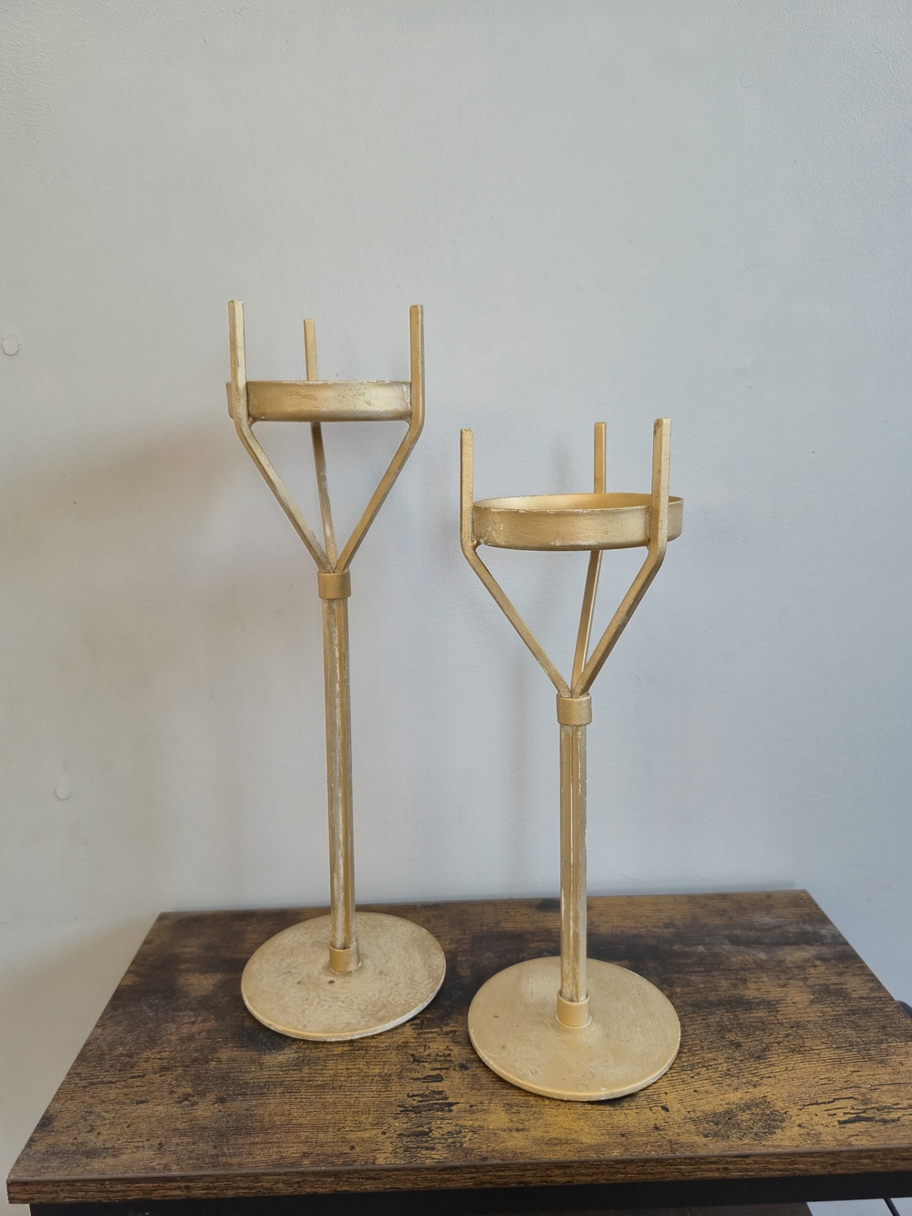 Gold Metal Candle Holders Set of 2 Plant Holders 10" & 12 " Solid